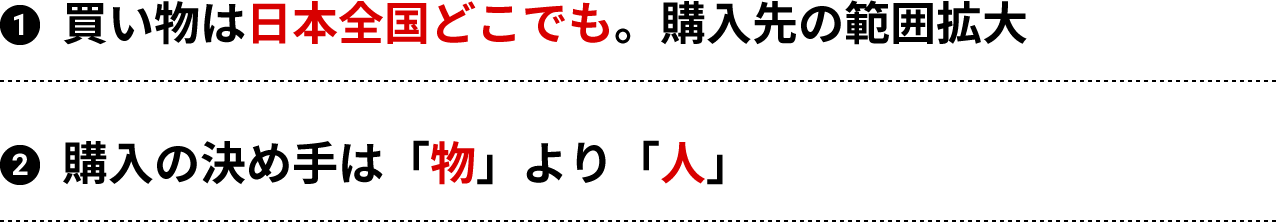 １買い物は日本全国どこでも。購入先の範囲拡大 ２購買の決め手が「人への関心」に変わってきたこと